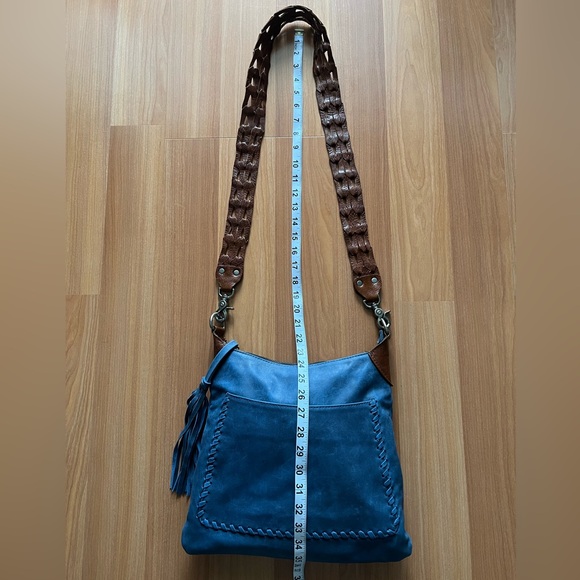Laggo Blue Leather Crossbody Bag Whipstitch Pocket Boho Hobo Shoulder - Picture 6 of 16